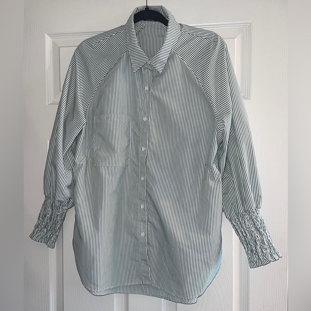 PrettyGarden Green and Whited Striped Button Down Oversized Blouse